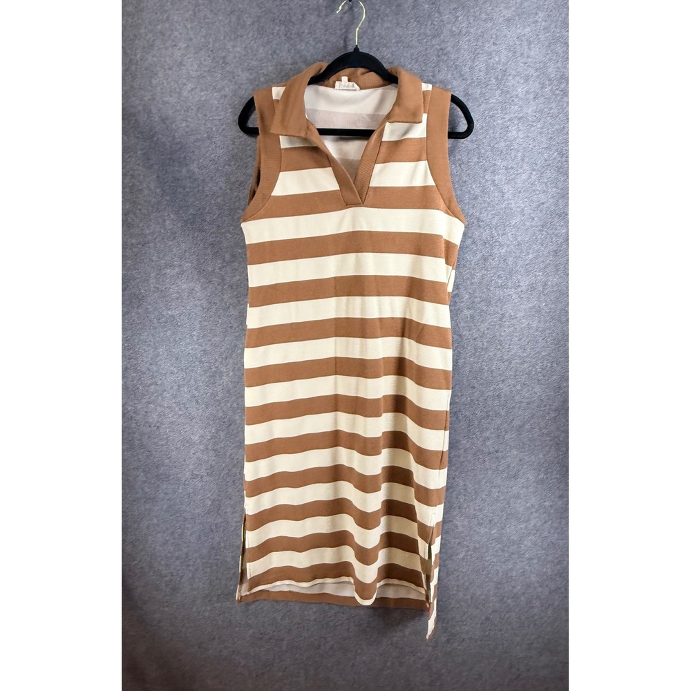 Women Sleeveless Waffle Knit Polo Midi Dress Brown Cream Striped Pocket Meduim